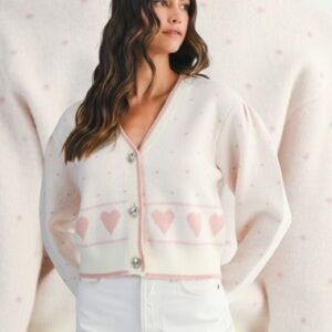 New Pretty Polka Dot With Heart Jacquard & Crystal Heart Button Down Cardigan